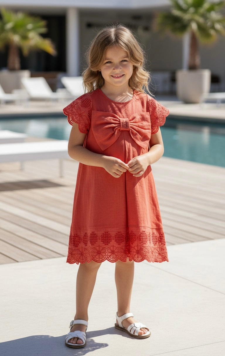 HC KİDS FİYONKLU KETEN KUMAŞ ELBİSE FUŞYA