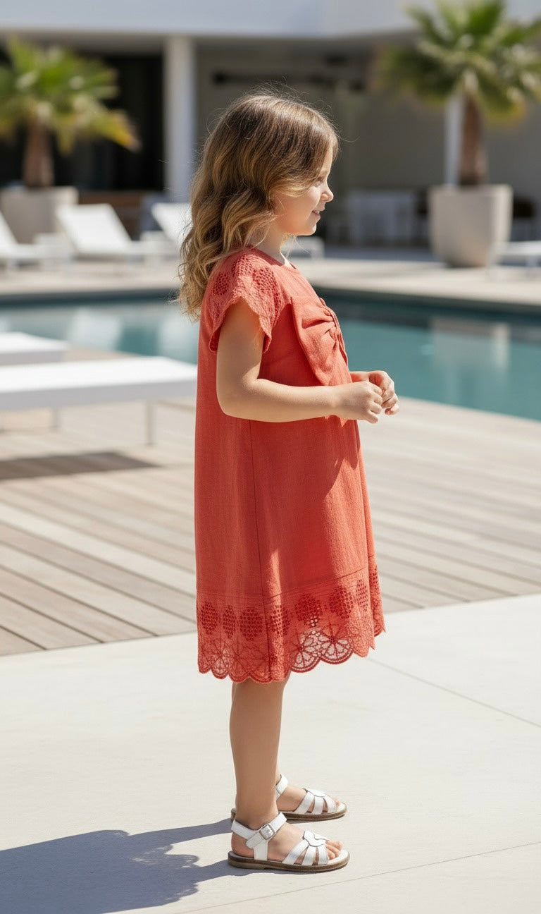 HC KİDS FİYONKLU KETEN KUMAŞ ELBİSE FUŞYA