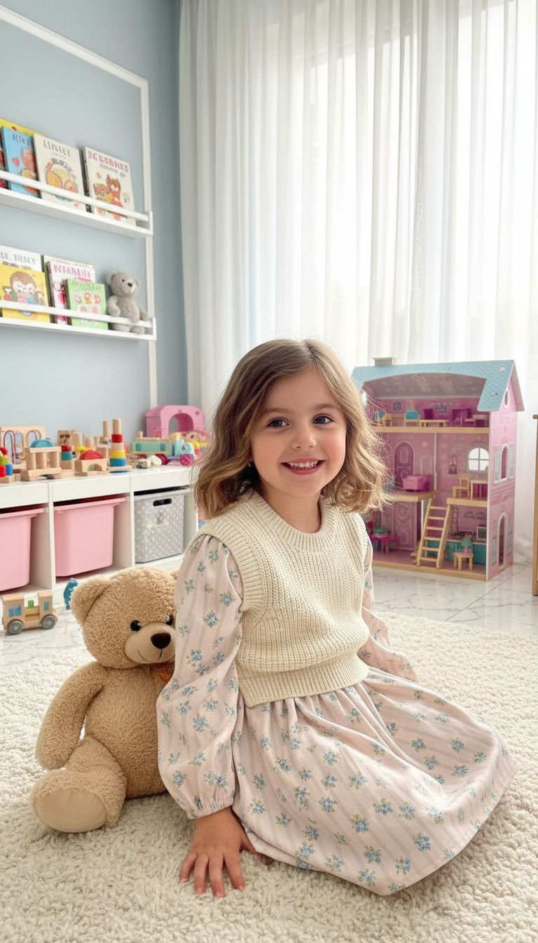 Krem Çiçek Baskılı Trikolu Kız Çocuk Elbise | HC Kids