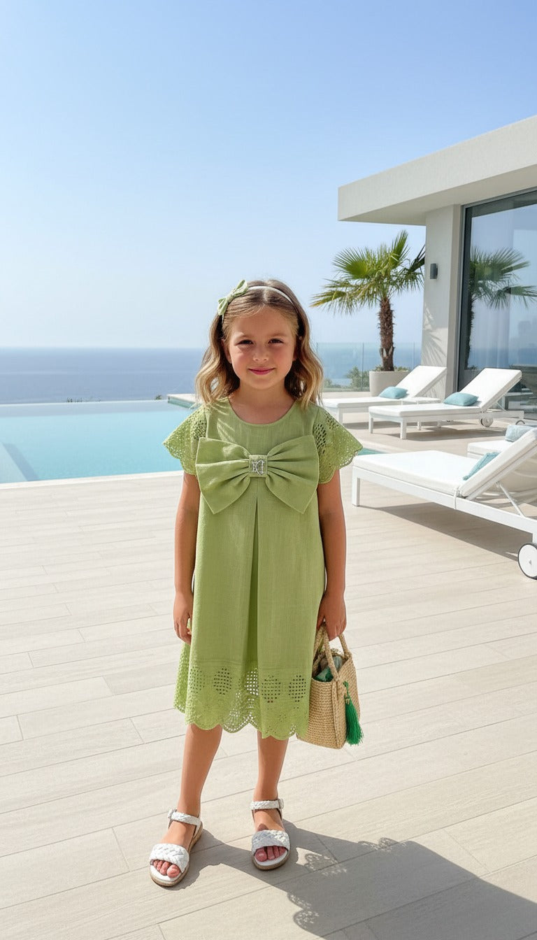 HC KİDS FİYONKLU KETEN KUMAŞ ELBİSE YEŞİL