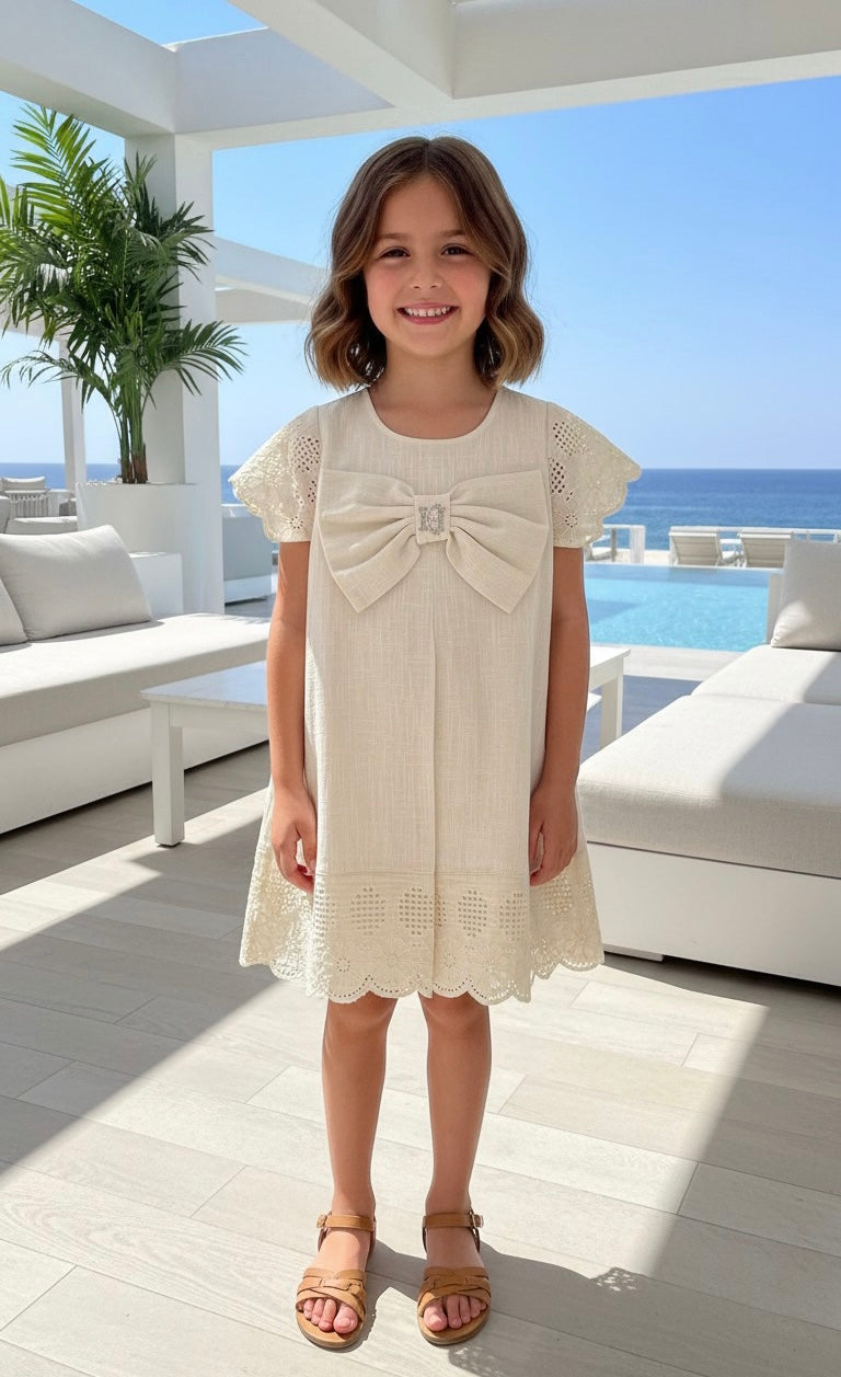 HC KİDS FİYONKLU KETEN KUMAŞ ELBİSE KREM