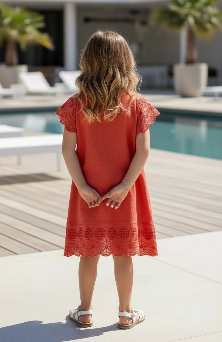 HC KİDS FİYONKLU KETEN KUMAŞ ELBİSE FUŞYA