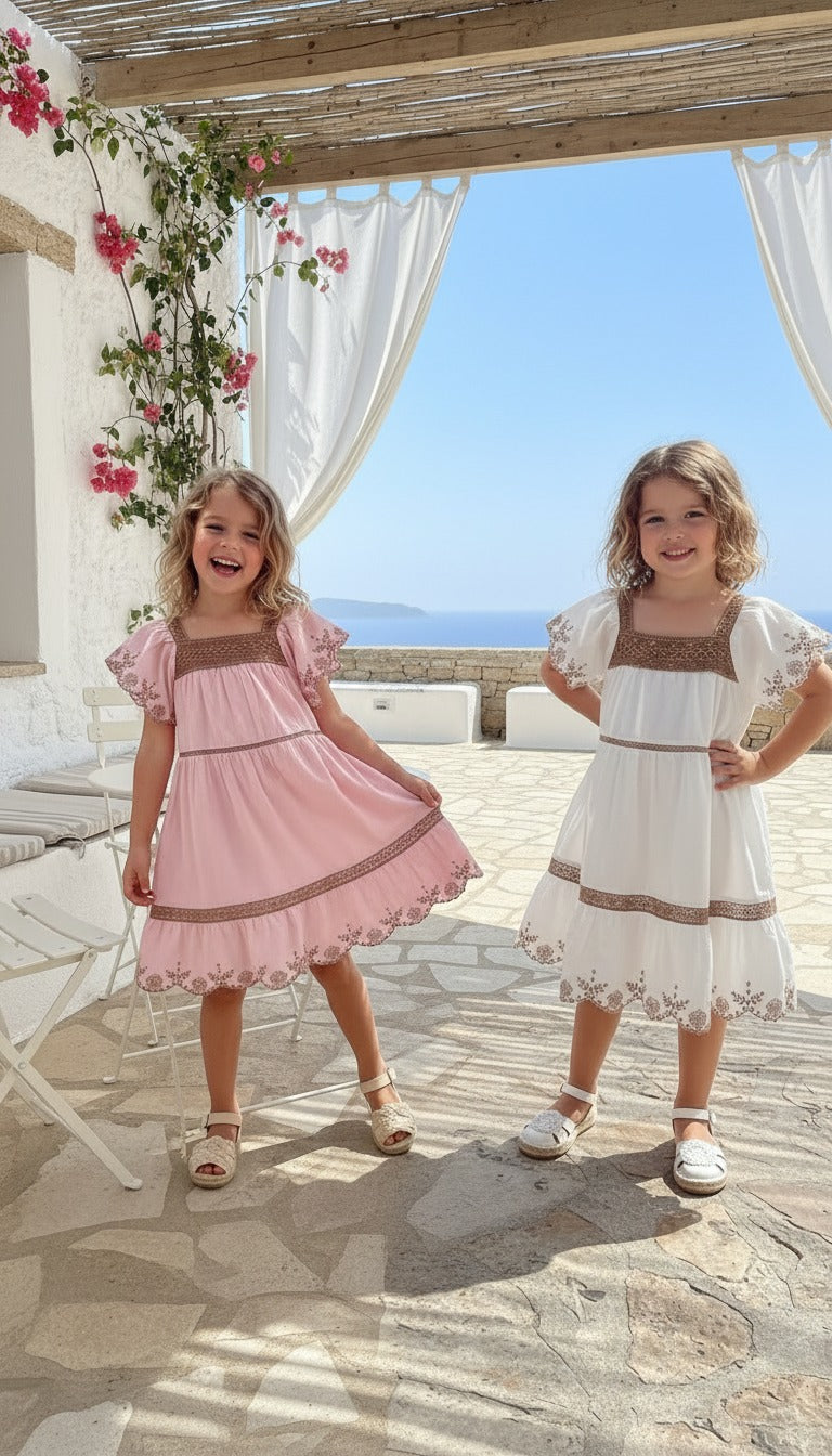Beyaz Nakışlı Keten Kız Çocuk Elbise | HC Kids