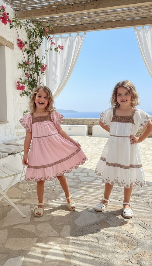 Beyaz Nakışlı Keten Kız Çocuk Elbise | HC Kids