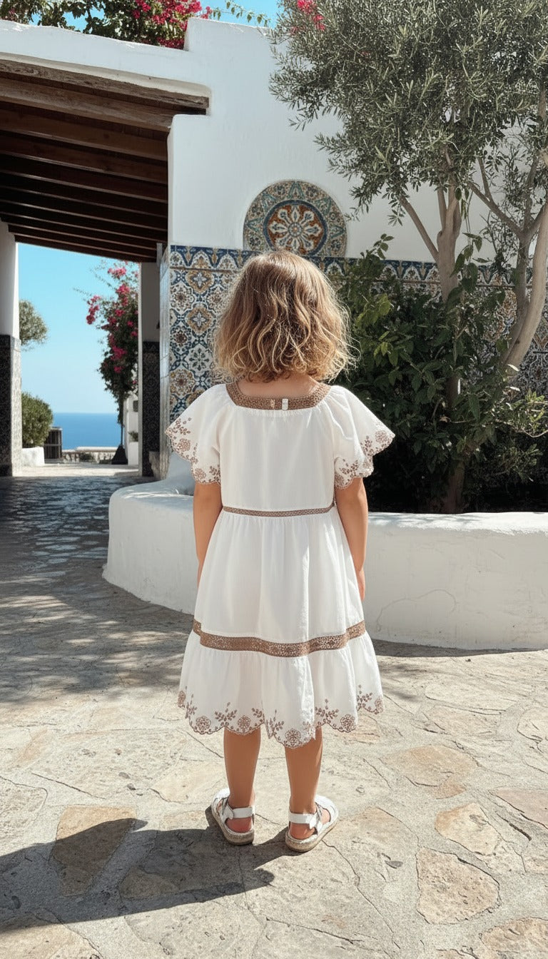 Beyaz Nakışlı Keten Kız Çocuk Elbise | HC Kids
