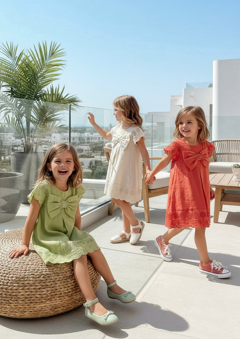 HC KİDS FİYONKLU KETEN KUMAŞ ELBİSE FUŞYA