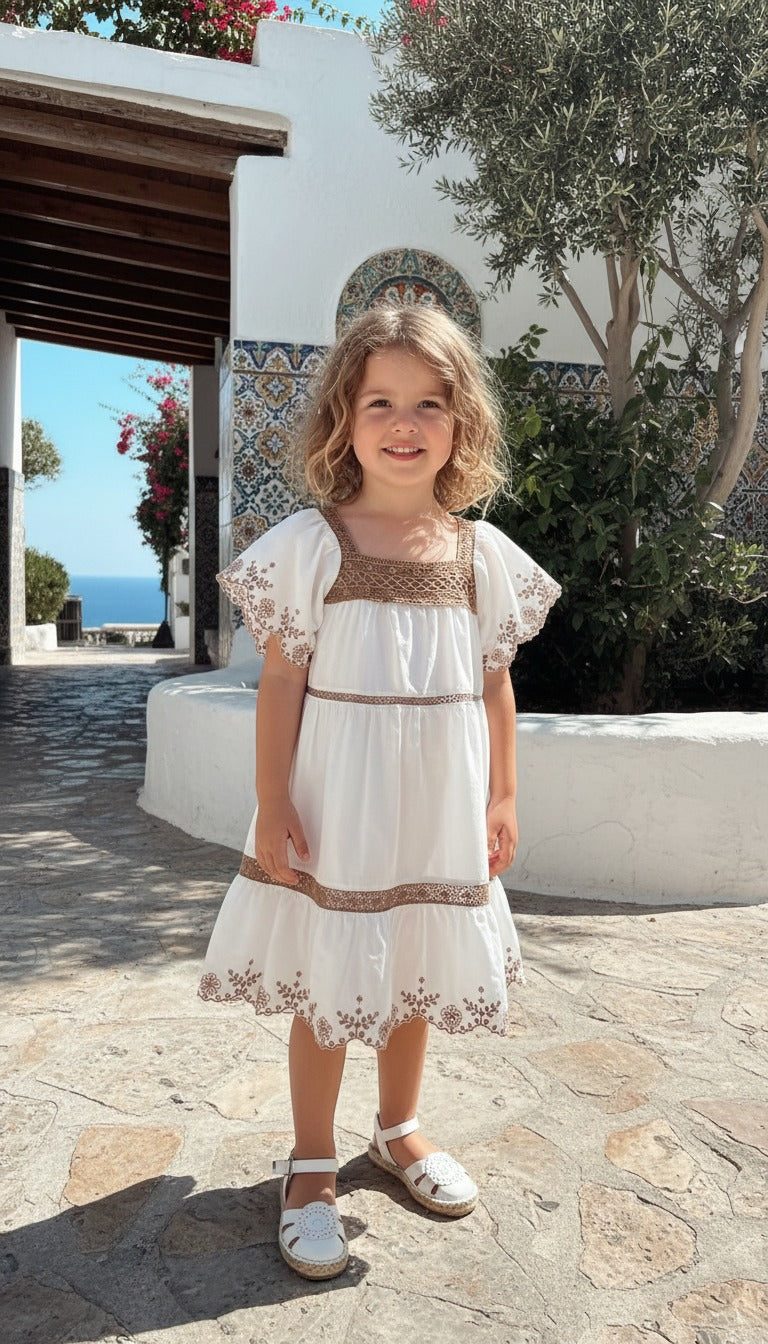 Beyaz Nakışlı Keten Kız Çocuk Elbise | HC Kids