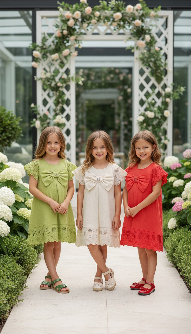 HC KİDS FİYONKLU KETEN KUMAŞ ELBİSE KREM