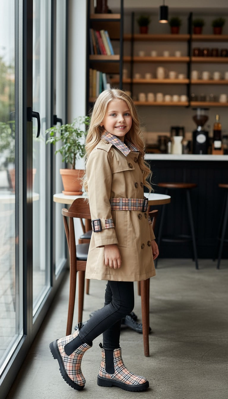 HC KİDS KEMERİ VE MANŞETLERİ KARE DESENLİ KIZ ÇOCUK TRENÇKOT