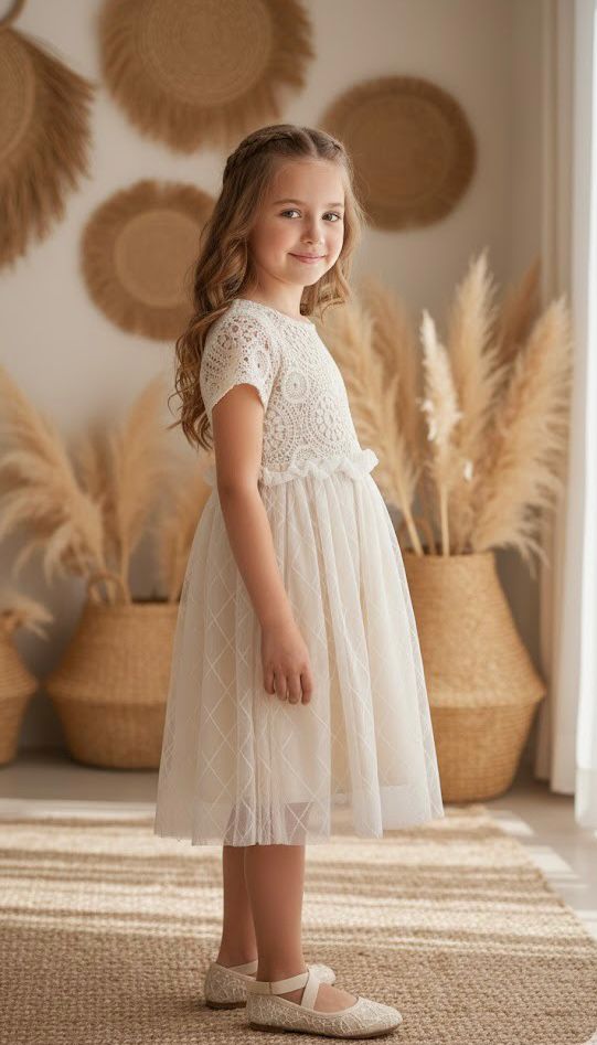 Dantelli Tül Detaylı Kız Çocuk Elbise | HC Kids