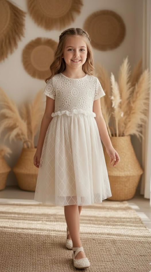 Dantelli Tül Detaylı Kız Çocuk Elbise | HC Kids