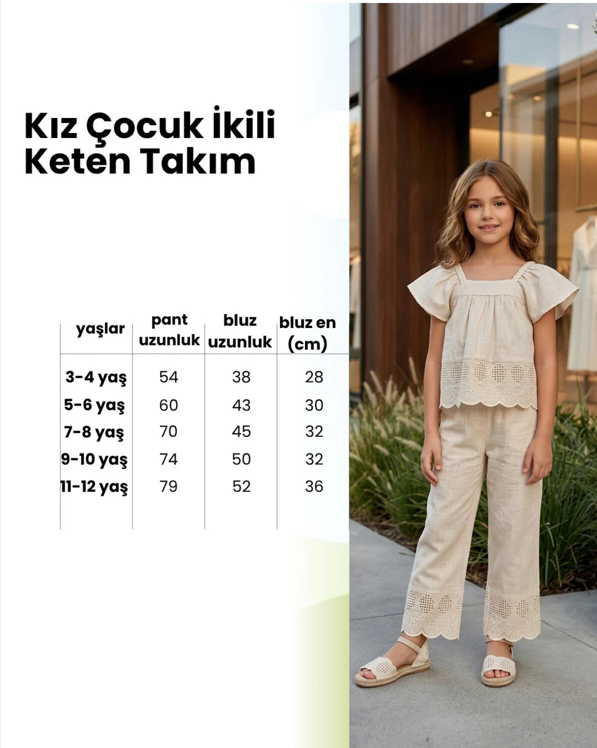 Dantel Detaylı Keten Kumaş Kız Çocuk Pantolon Takım | HC Kids