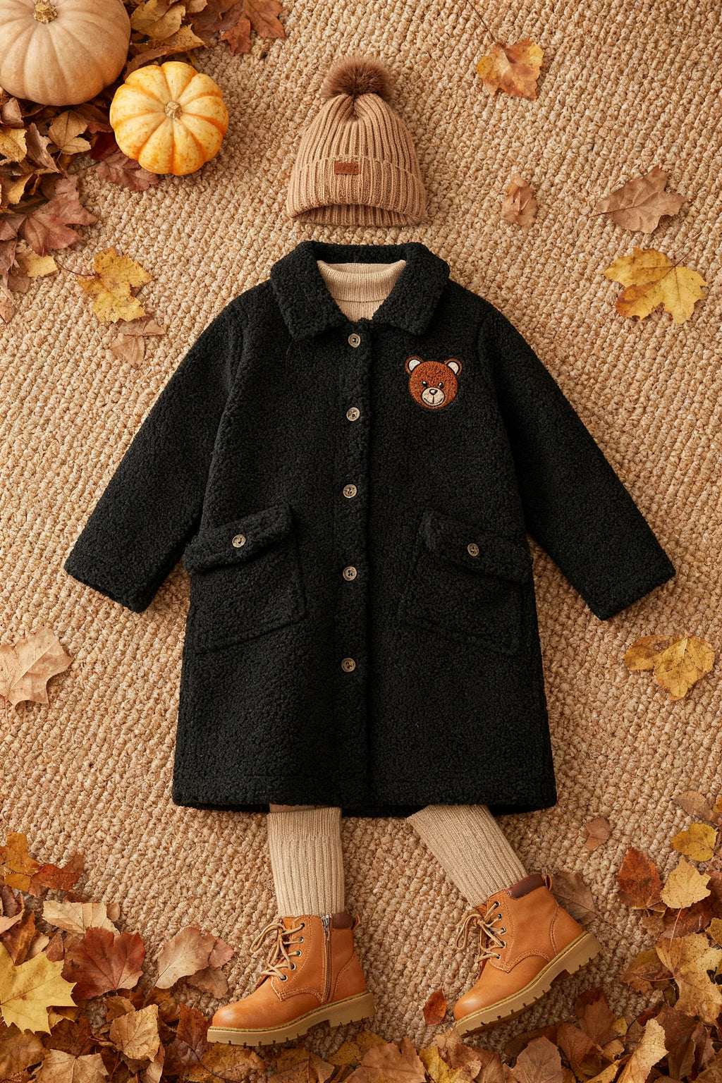 Siyah Ayıcık Nakışlı Pelüş Kız Çocuk Kaban | HC Kids