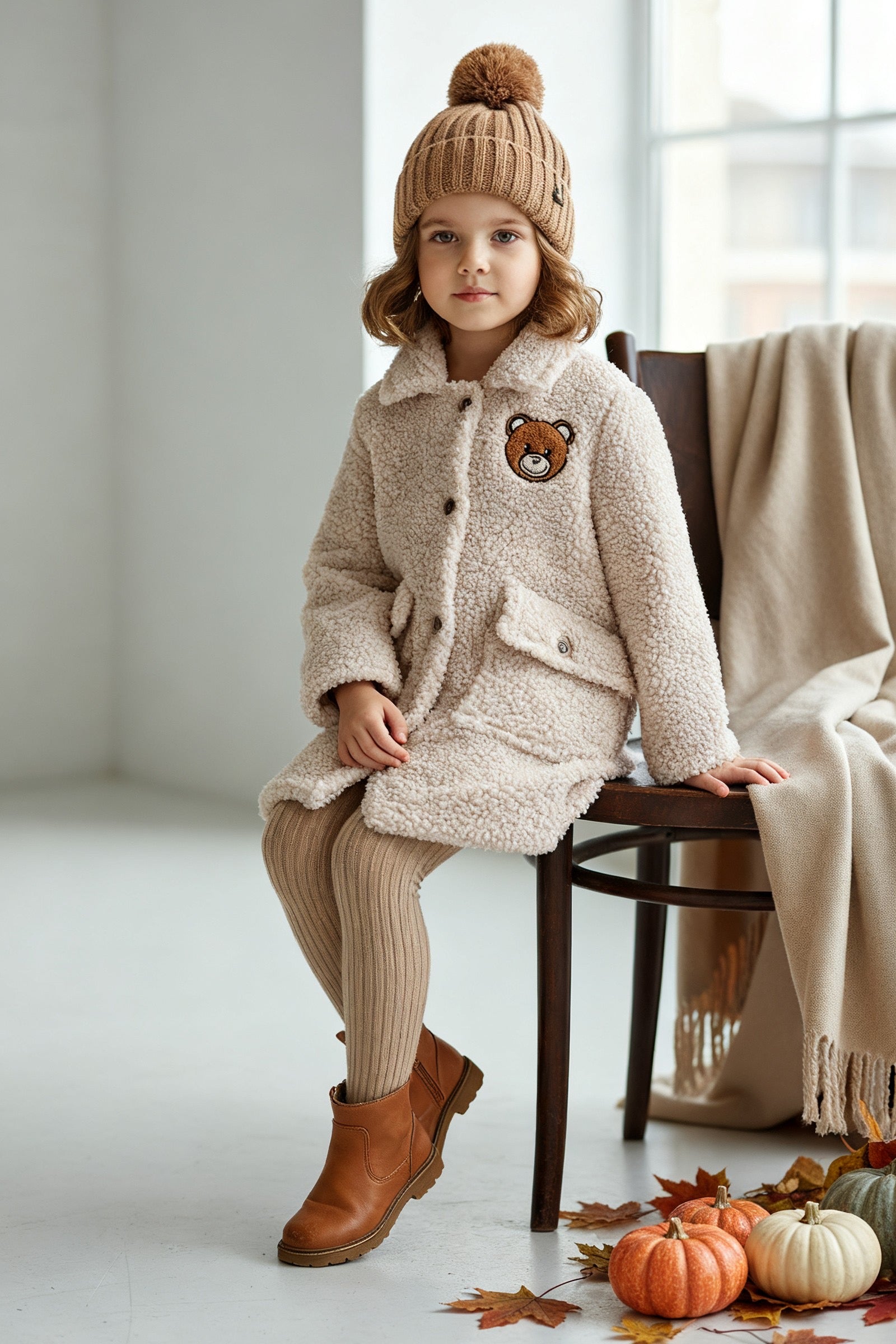 Krem Ayıcık Nakışlı Kız Çocuk Pelüş Kaban | HC Kids