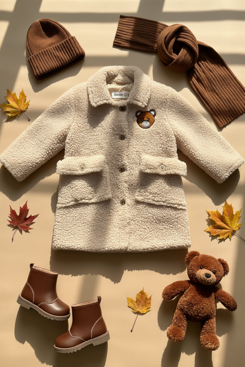 Krem Ayıcık Nakışlı Kız Çocuk Pelüş Kaban | HC Kids