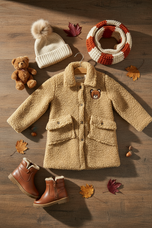 Bej Ayıcık Nakışlı Kız Çocuk Pelüş Kaban | HC Kids