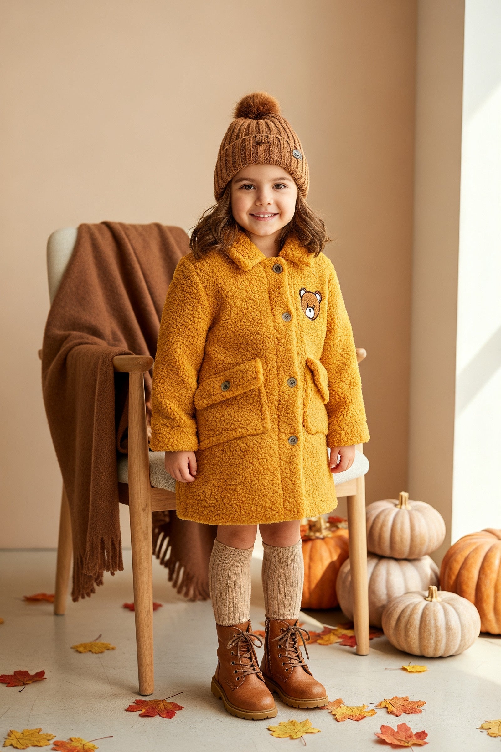 Orange Ayıcık Nakışlı Kız Çocuk Pelüş Kaban | HC Kids