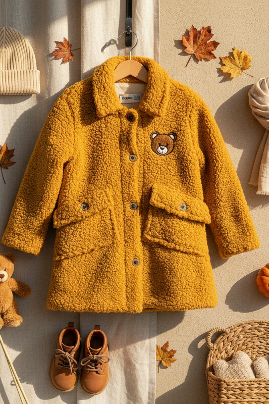 Orange Ayıcık Nakışlı Kız Çocuk Pelüş Kaban | HC Kids