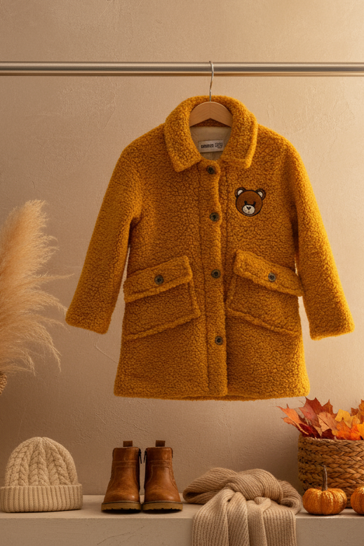 Orange Ayıcık Nakışlı Kız Çocuk Pelüş Kaban | HC Kids