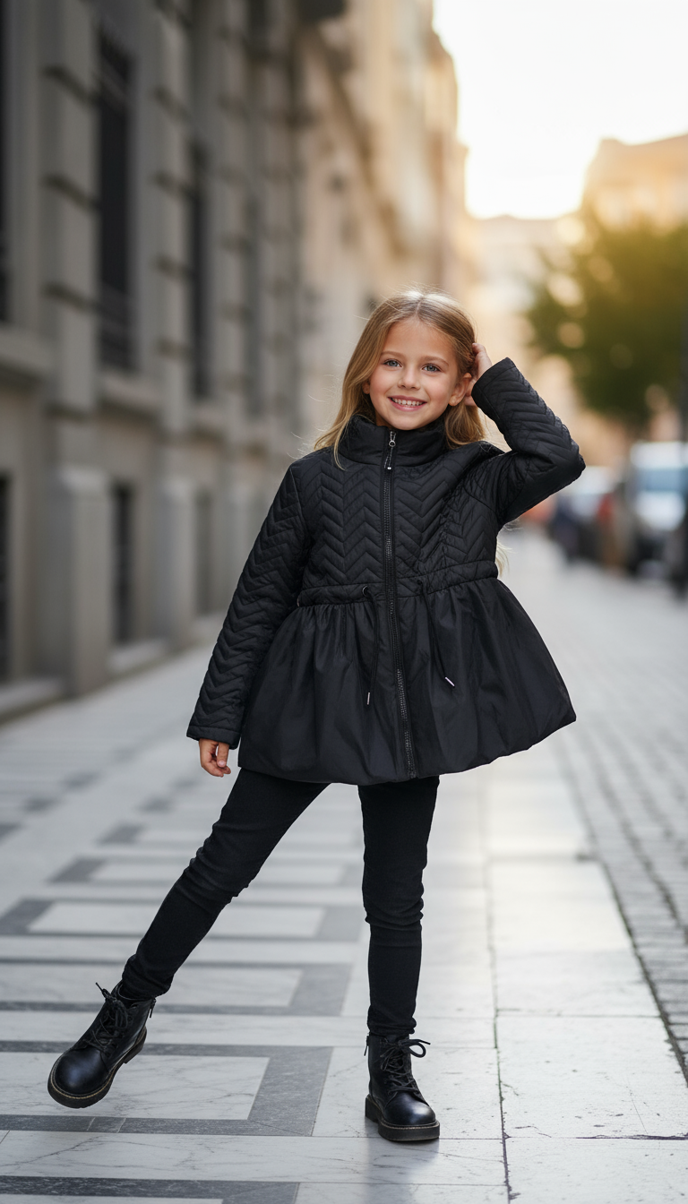 Siyah Su Geçirmez Kapitöne Kız Çocuk Mont | HC Kids