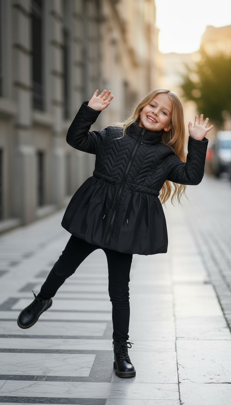 Siyah Su Geçirmez Kapitöne Kız Çocuk Mont | HC Kids