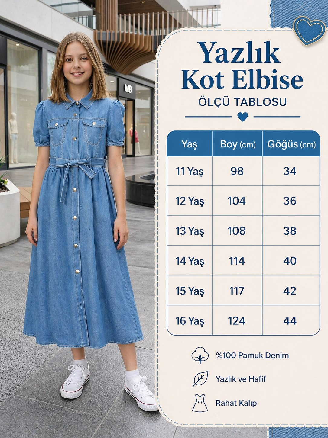 HC KİDS BELDEN KEMERLİ KISA KOLLU KIZ ÇOCUK KOT ELBİSE