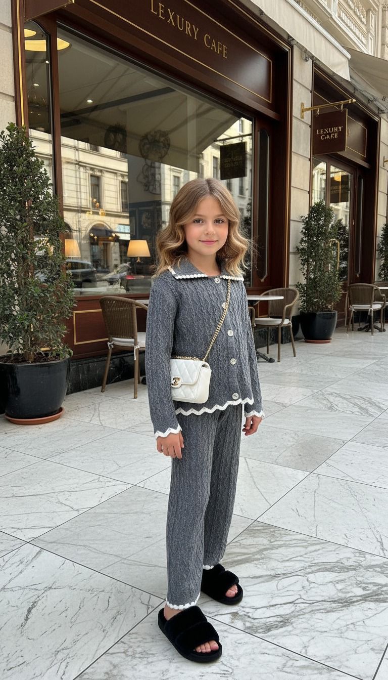 Gri Önden Düğmeli Kız Çocuk Triko Takım | HC Kids