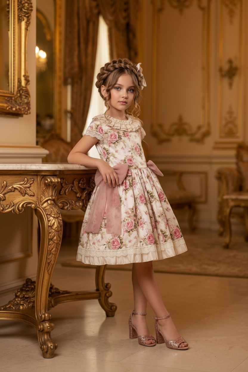 HC KİDS ÇİÇEKLİ AVANGART KIZ ÇOCUK ELBİSE KREM