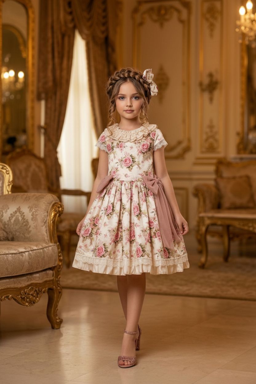 HC KİDS ÇİÇEKLİ AVANGART KIZ ÇOCUK ELBİSE KREM