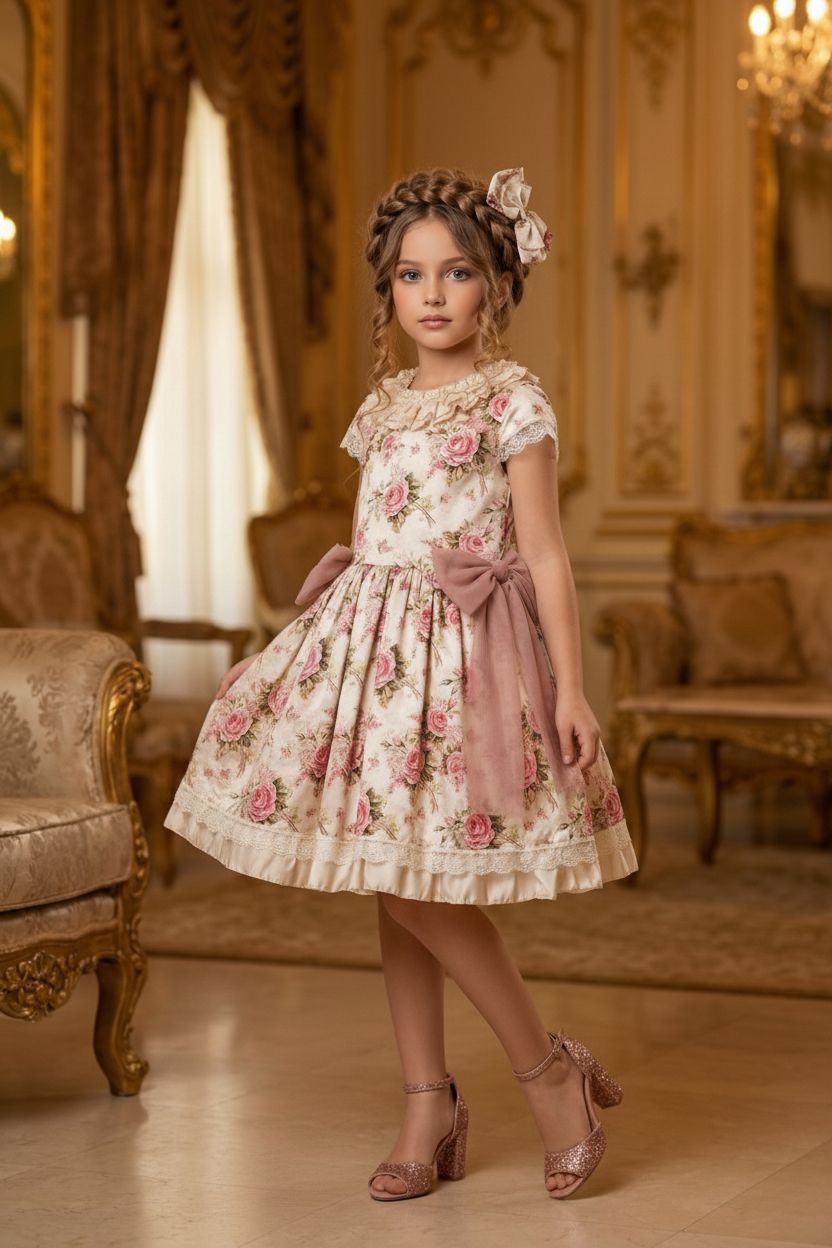 HC KİDS ÇİÇEKLİ AVANGART KIZ ÇOCUK ELBİSE KREM