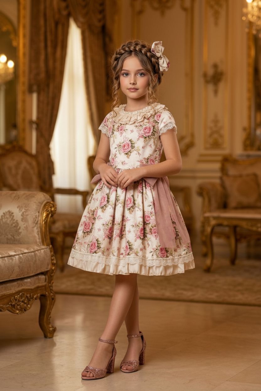 HC KİDS ÇİÇEKLİ AVANGART KIZ ÇOCUK ELBİSE KREM