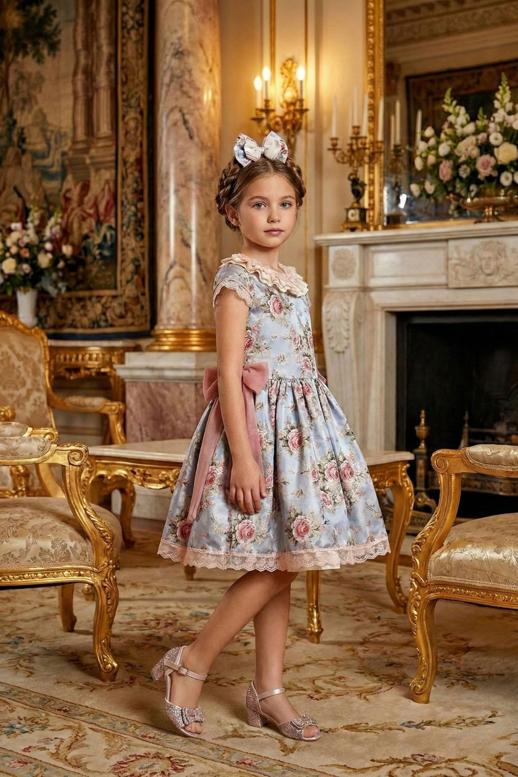 HC KİDS ÇİÇEKLİ AVANGART KIZ ÇOCUK ELBİSE GRİ