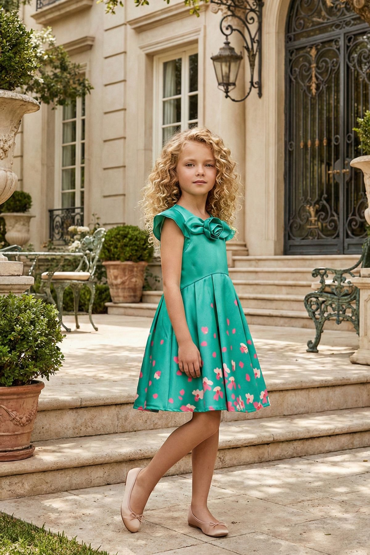 HC KİDS GÜL AKSESUARLI SU YEŞİLİ KIZ ÇOCUK ELBİSE