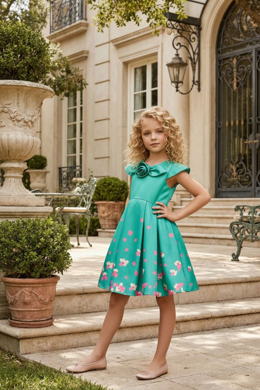 HC KİDS GÜL AKSESUARLI SU YEŞİLİ KIZ ÇOCUK ELBİSE