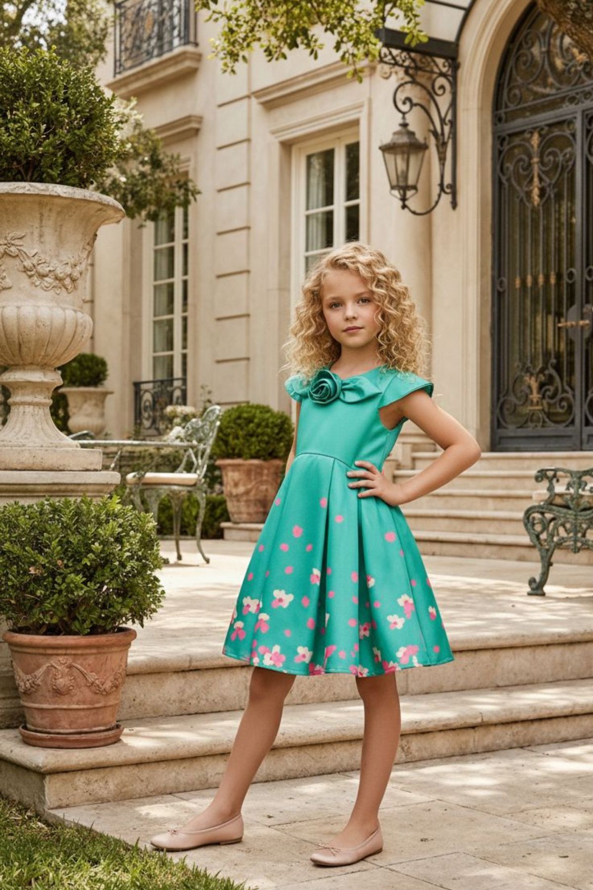HC KİDS GÜL AKSESUARLI SU YEŞİLİ KIZ ÇOCUK ELBİSE
