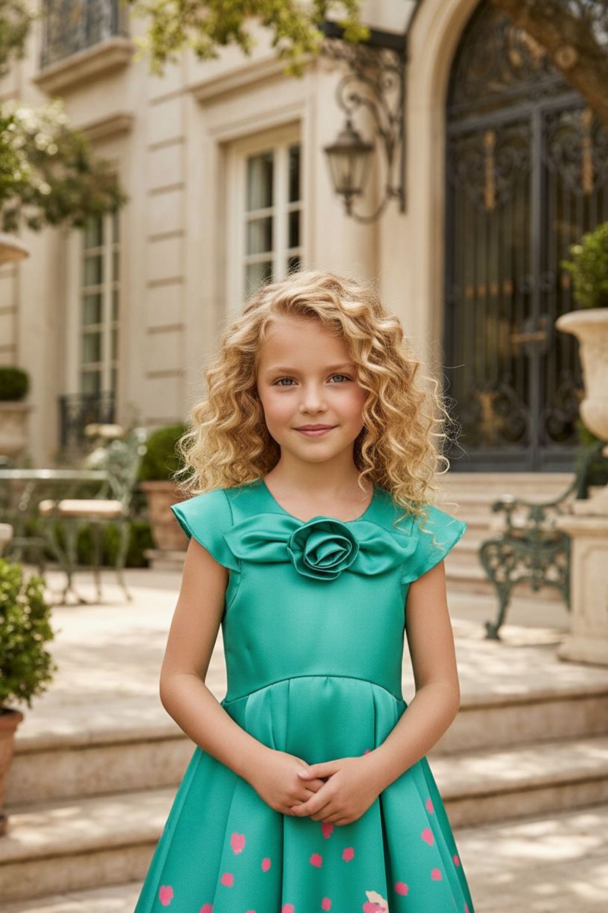 HC KİDS GÜL AKSESUARLI SU YEŞİLİ KIZ ÇOCUK ELBİSE