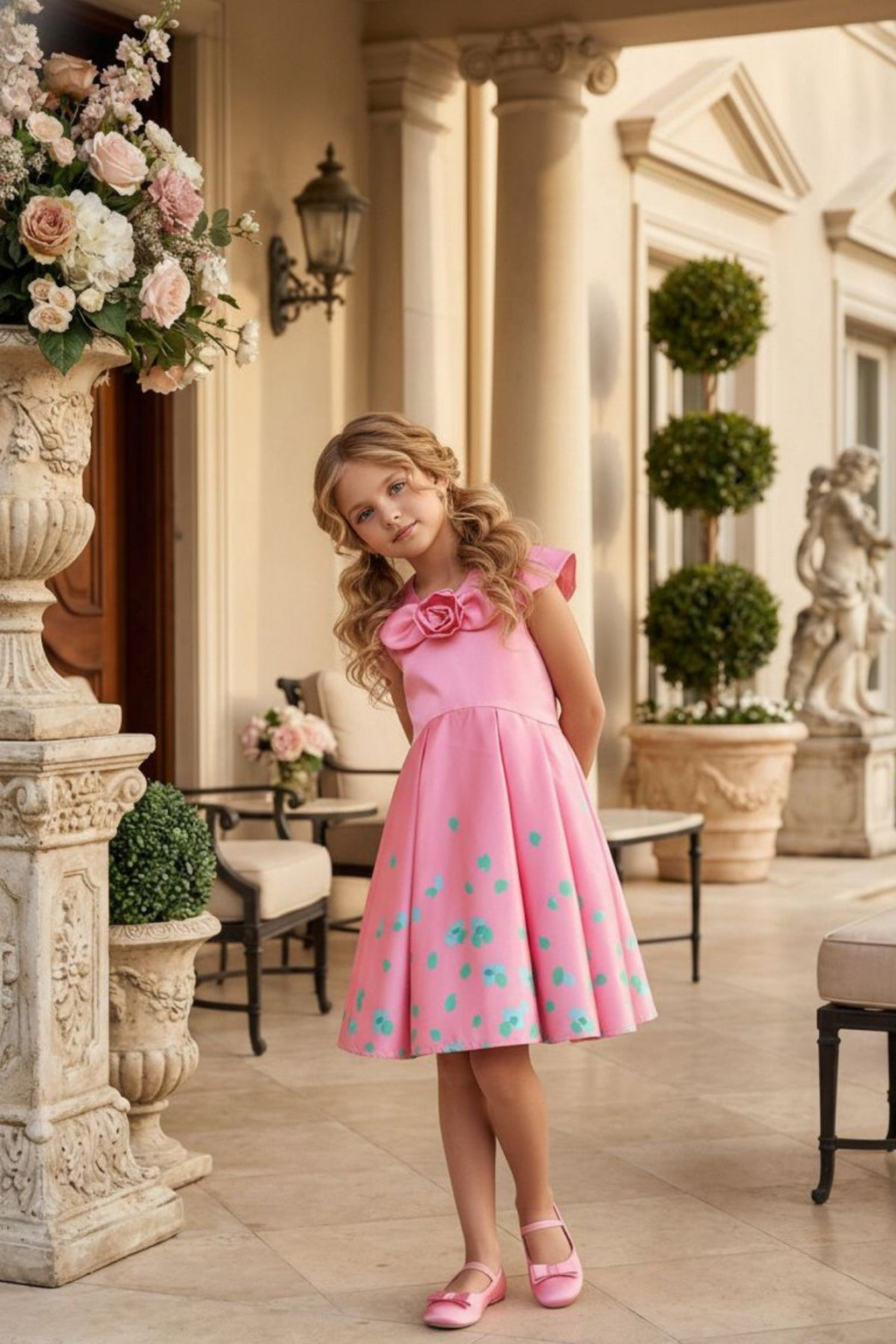 HC KİDS GÜL AKSESUARLI KIZ ÇOCUK PEMBE ELBİSE