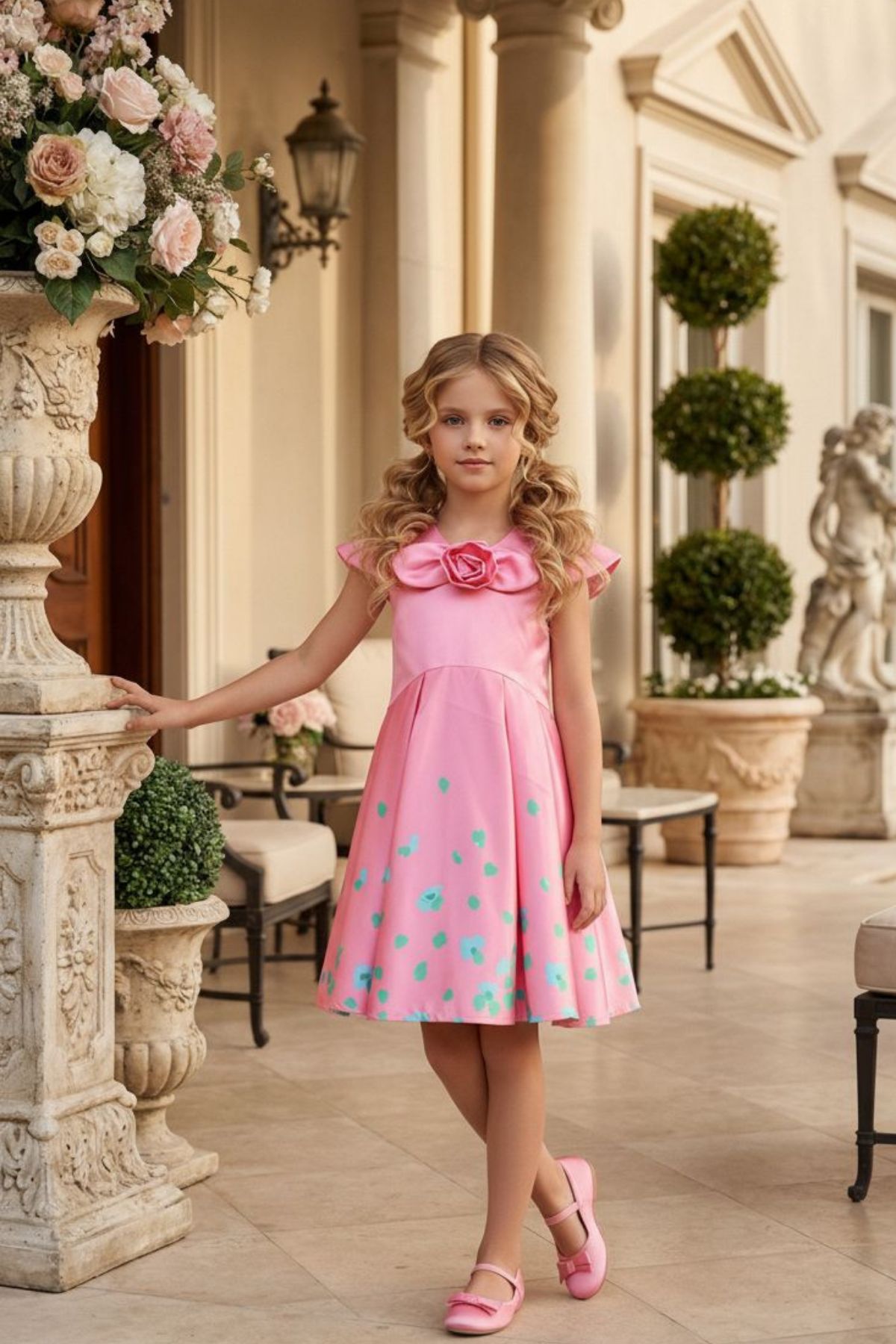 HC KİDS GÜL AKSESUARLI KIZ ÇOCUK PEMBE ELBİSE