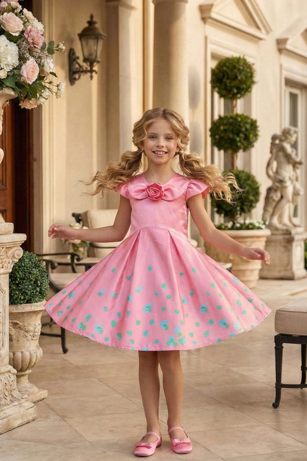 HC KİDS GÜL AKSESUARLI KIZ ÇOCUK PEMBE ELBİSE