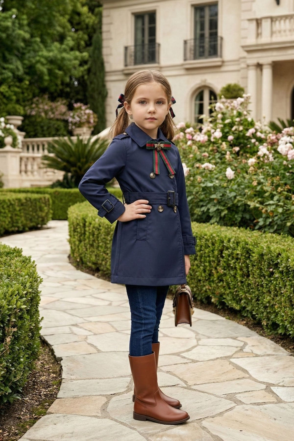 HC KİDS YAKA AKSESUARLI KIZ ÇOCUK TRENÇKOT LACİVERT