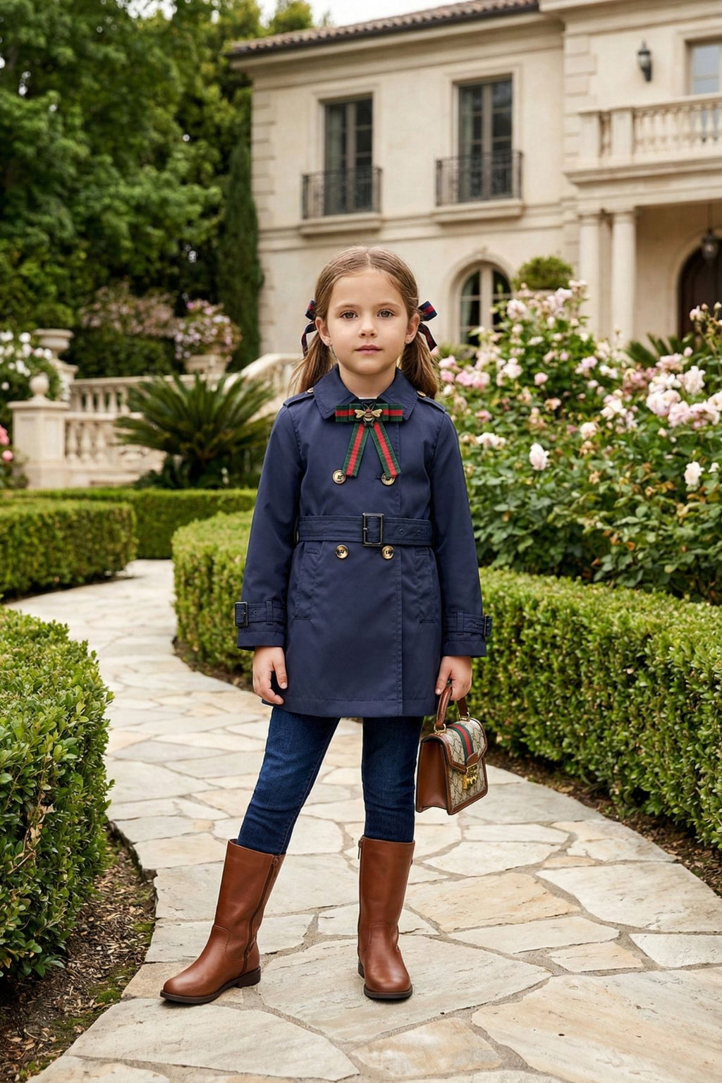 HC KİDS YAKA AKSESUARLI KIZ ÇOCUK TRENÇKOT LACİVERT