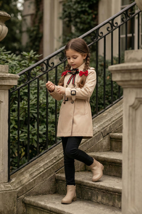 Bej Yaka Aksesuarlı Kız Çocuk Trençkot | HC Kids