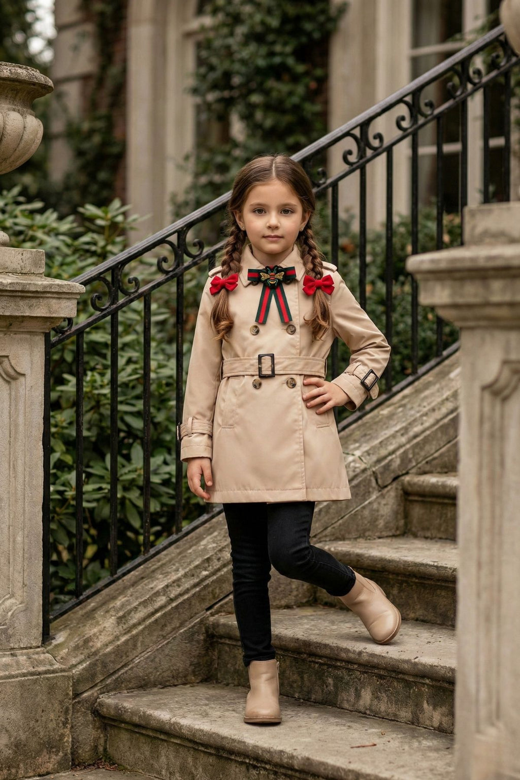 HC KİDS YAKA AKSESUARLI KIZ ÇOCUK TRENÇKOT BEJ