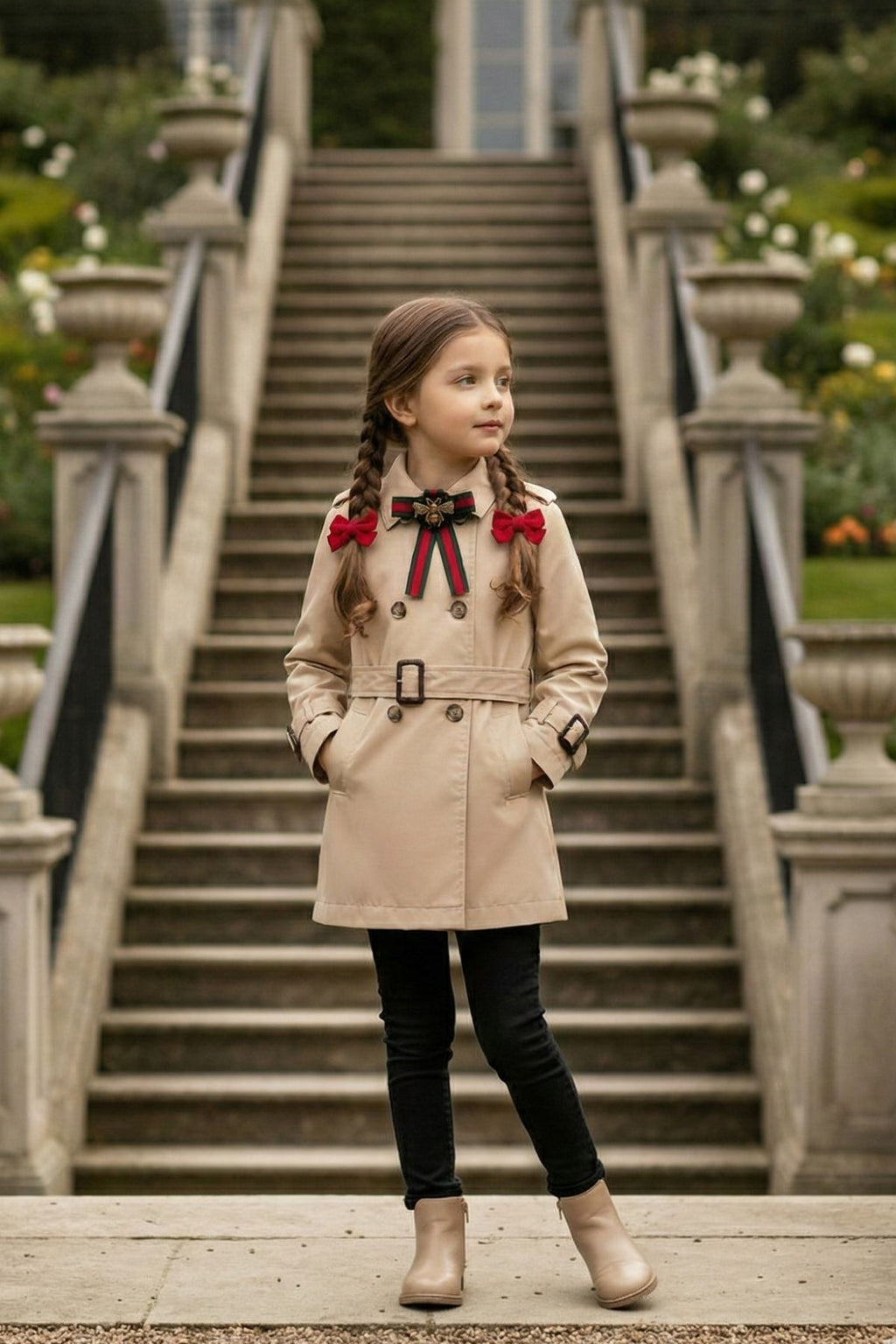 HC KİDS YAKA AKSESUARLI KIZ ÇOCUK TRENÇKOT BEJ