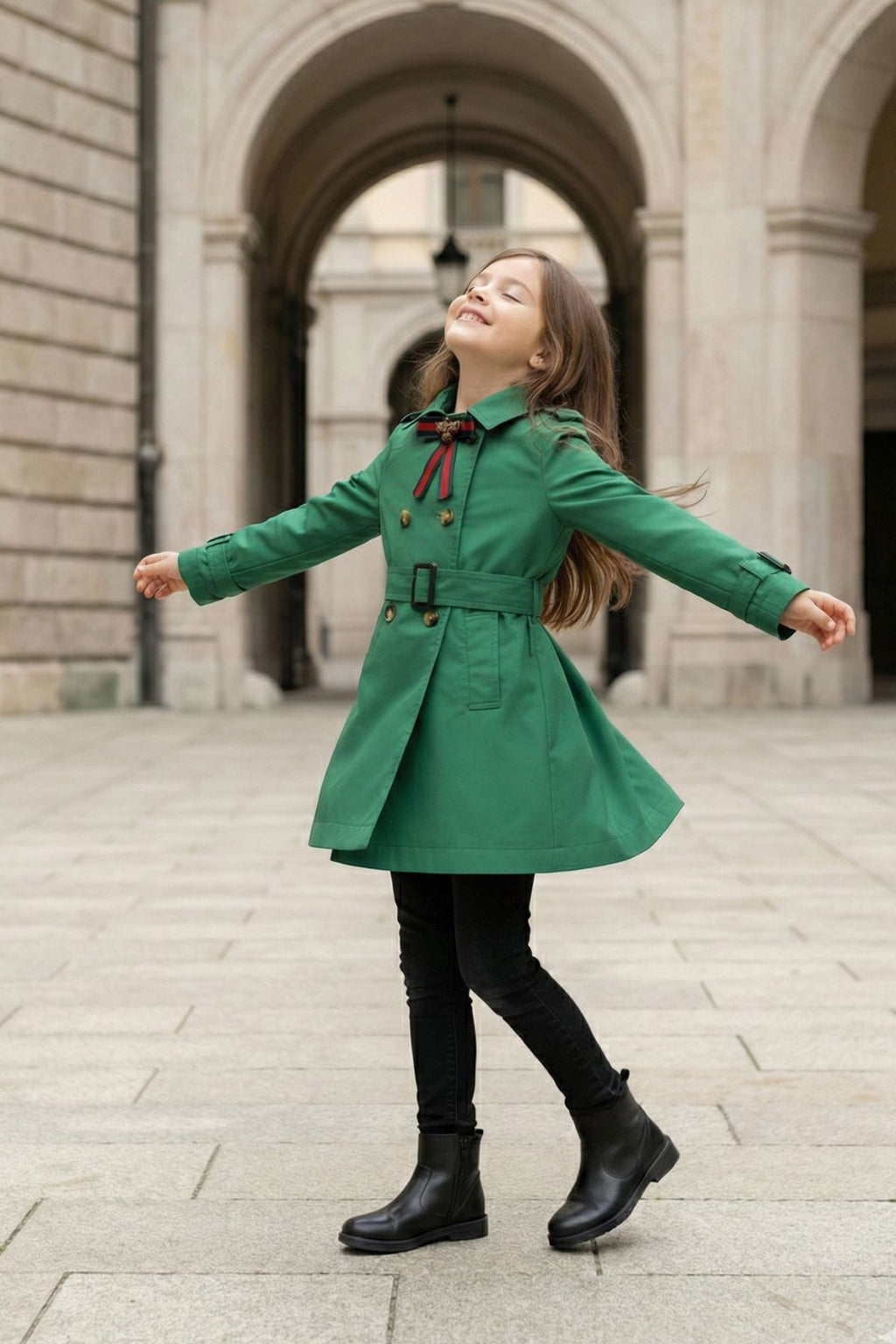 HC KİDS YAKA AKSESUARLI KIZ ÇOCUK TRENÇKOT YEŞİL