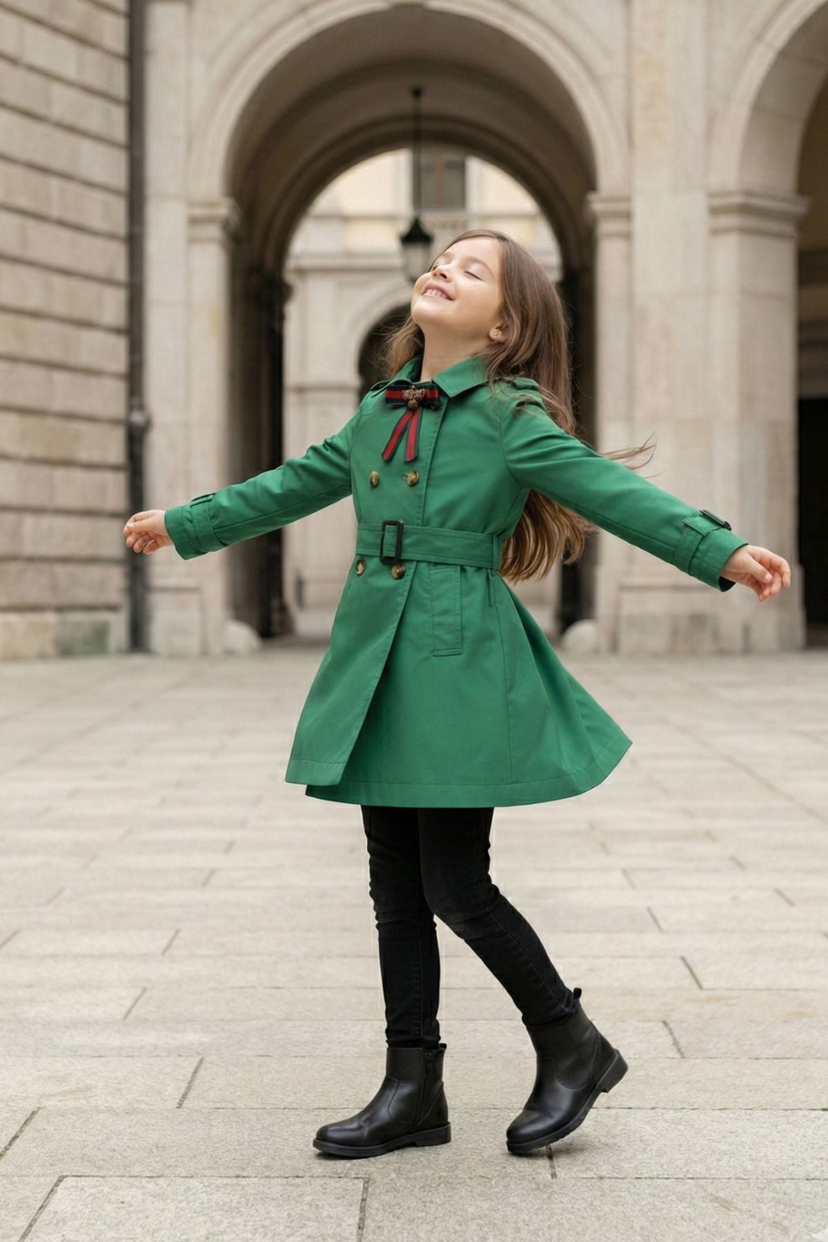 HC KİDS YAKA AKSESUARLI KIZ ÇOCUK TRENÇKOT YEŞİL