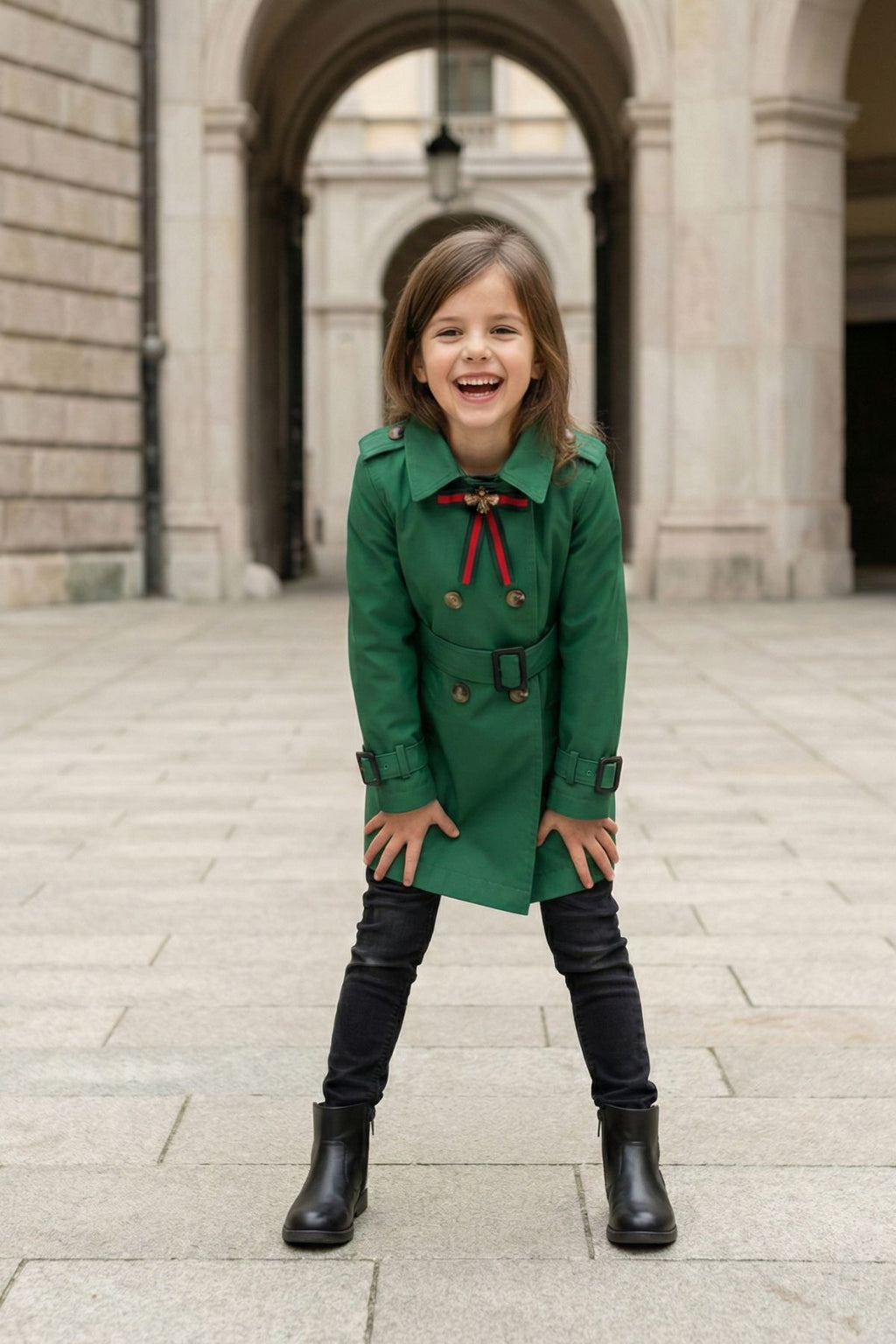 HC KİDS YAKA AKSESUARLI KIZ ÇOCUK TRENÇKOT YEŞİL