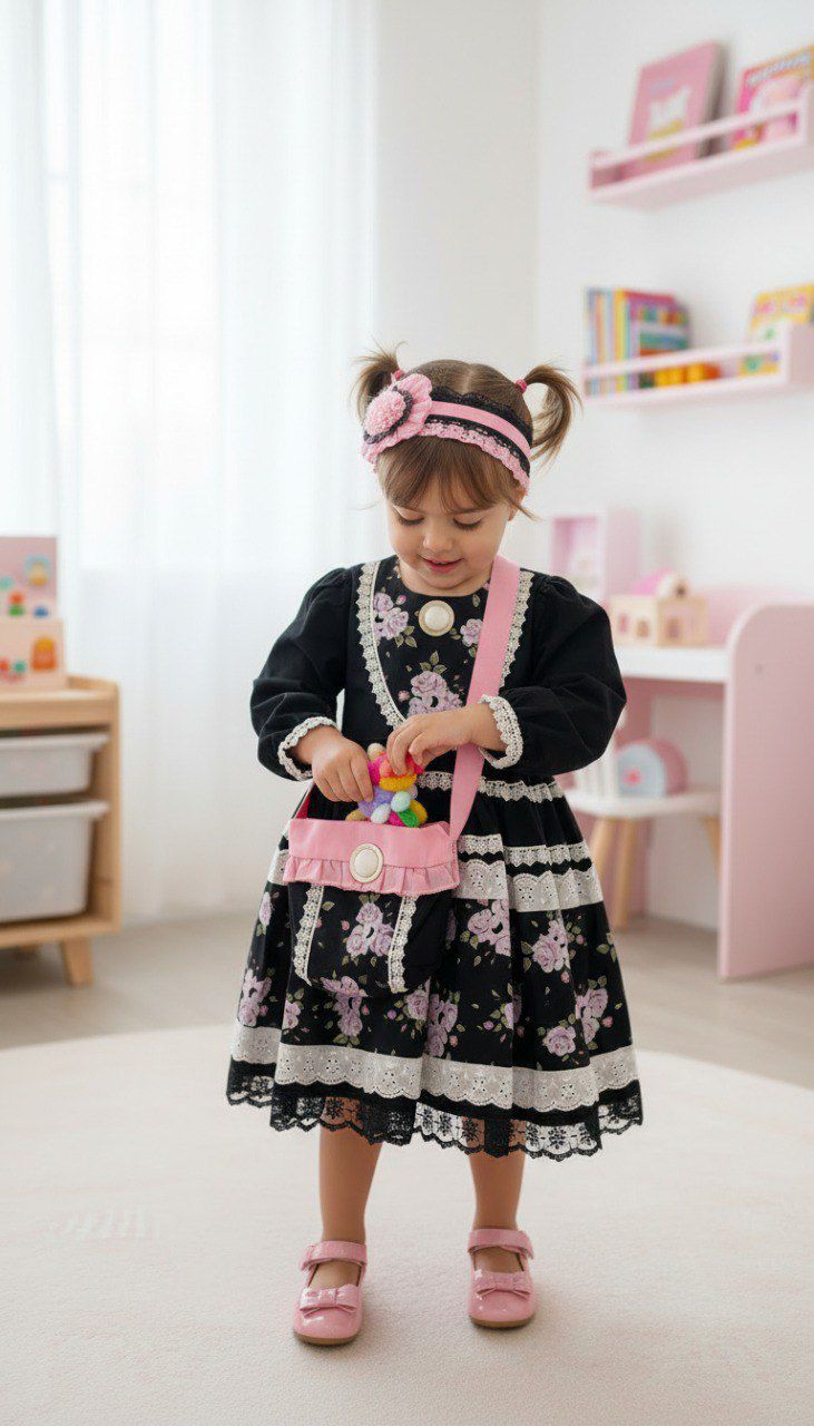 Siyah Çiçekli Bandana ve Çanta Kombinli Kız Çocuk Elbise | HC Kids