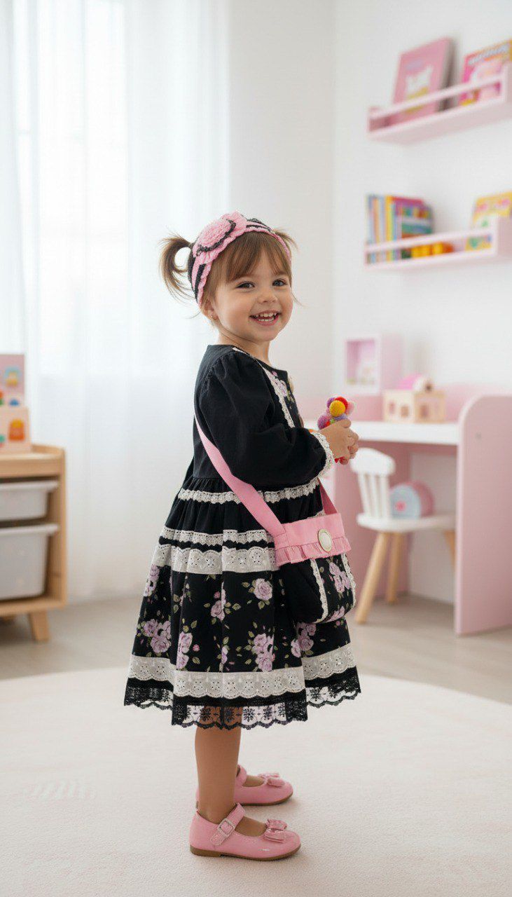 Siyah Çiçekli Bandana ve Çanta Kombinli Kız Çocuk Elbise | HC Kids