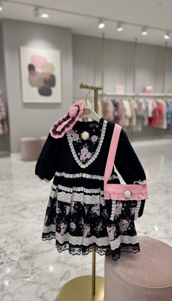 Siyah Çiçekli Bandana ve Çanta Kombinli Kız Çocuk Elbise | HC Kids